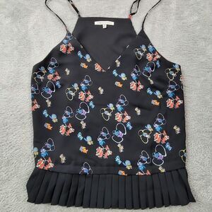 Rebecca Minkoff Tank Top‎ Womens Medium Black Floral Pleated Strap V Neck